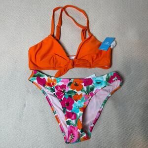 Cupshe Women’s 2PC Bikini Swimsuit Small Orange Top Floral Bottoms Swimwear